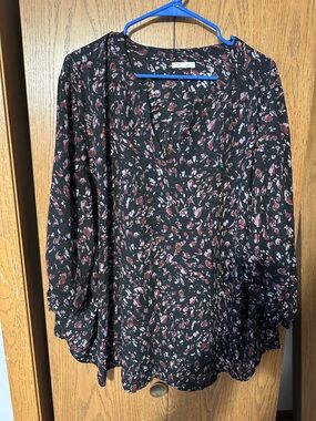 Maurices Black Floral Blouse with Burgundy and Light Pink Accents